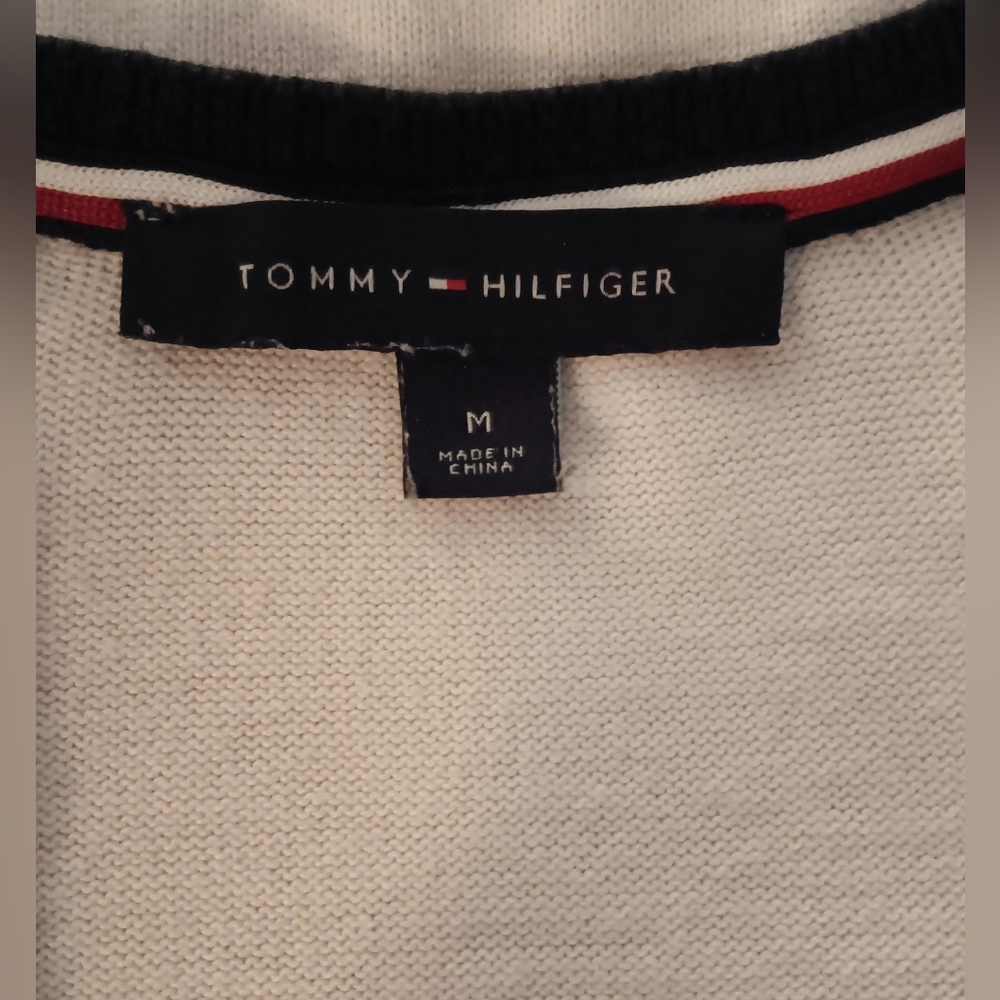 Tommy Hilfiger White V-Neck Sweater with Blue and Green Signature Stripes - Picture 7 of 8
